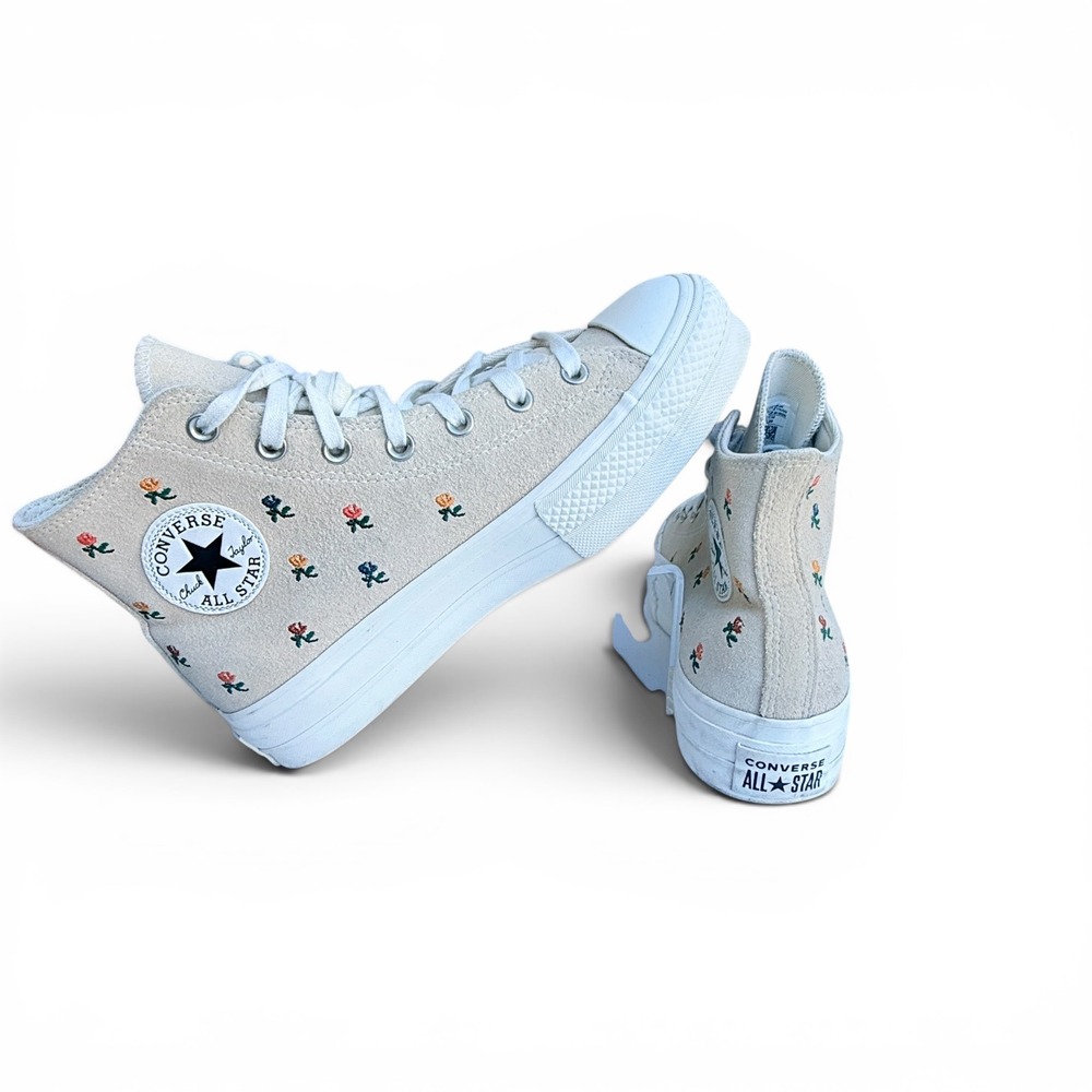 Converse Chuck Taylor All Star Lift Hi Platform Suede Floral Rose Sneakers Beige - Picture 9 of 16